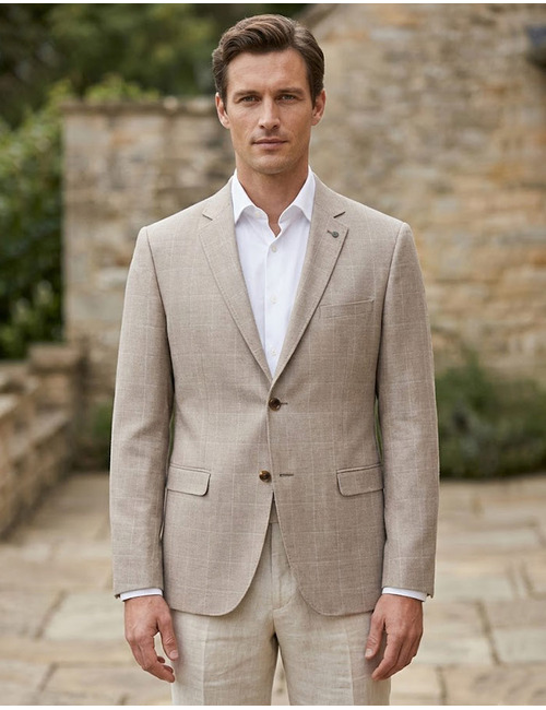 modern fit jersey blazer met ton sur ton carreau sand