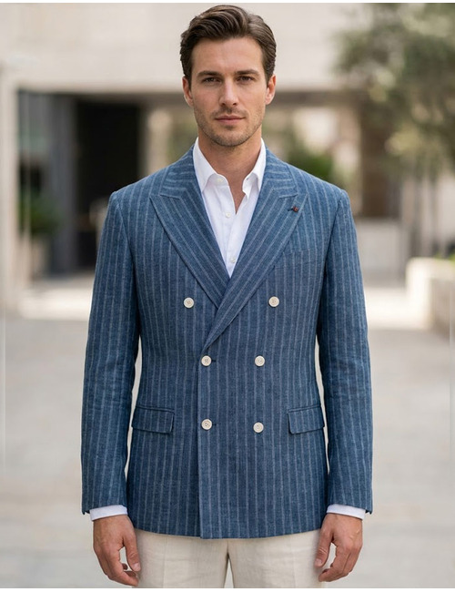 slim fit croisé blazer in linnenblend blauw