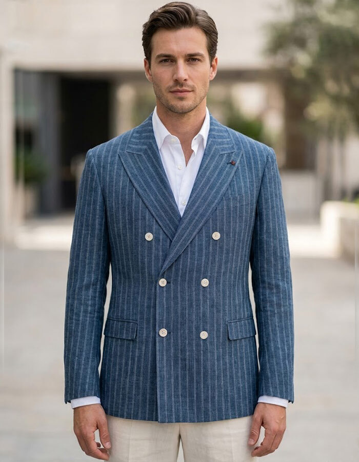 slim fit croisé blazer in linnenblend blauw