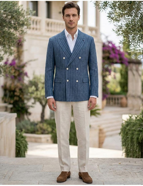 slim fit croisé blazer in linnenblend blauw