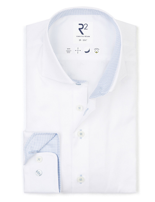 modern fit hemd in organic katoen wit met lichtblauw contrast