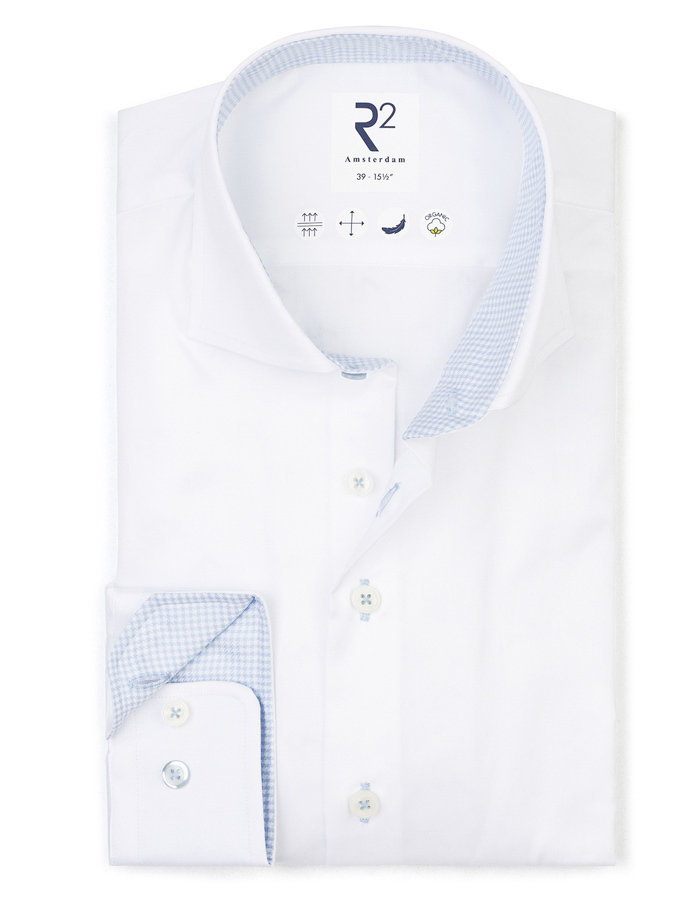modern fit hemd in organic katoen wit met lichtblauw contrast