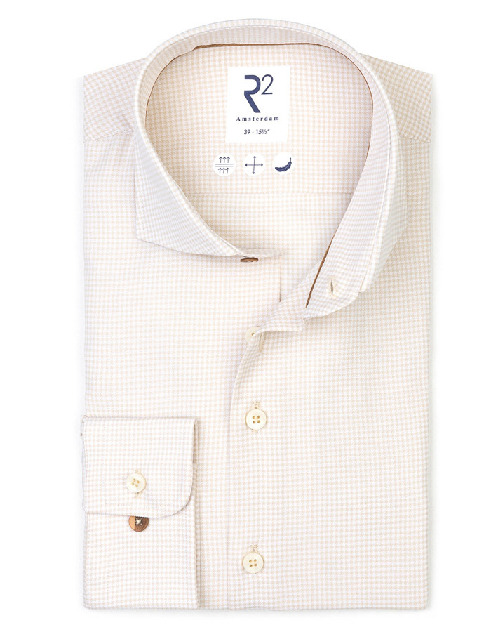 modern fit hemd in katoen beige met microdessin