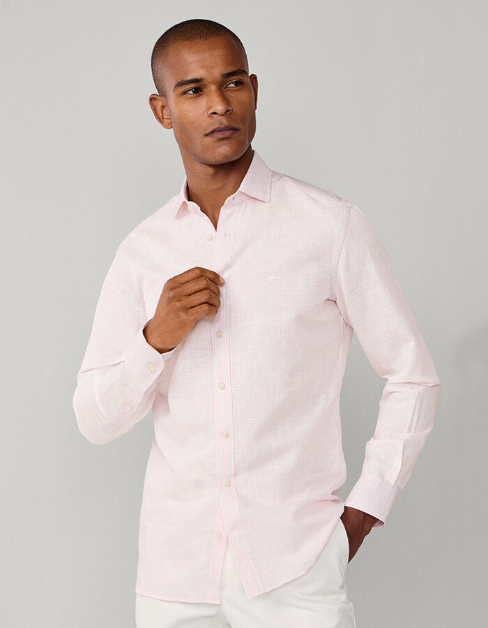 Tailored fit linnen hemd met streep baby pink