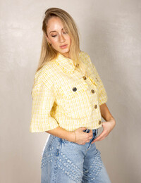 Korte bouclé jas met lurex accenten