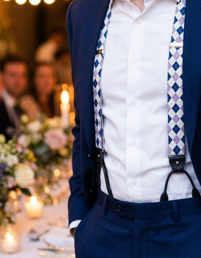 Bretellen ruitmotief blauw lila wit