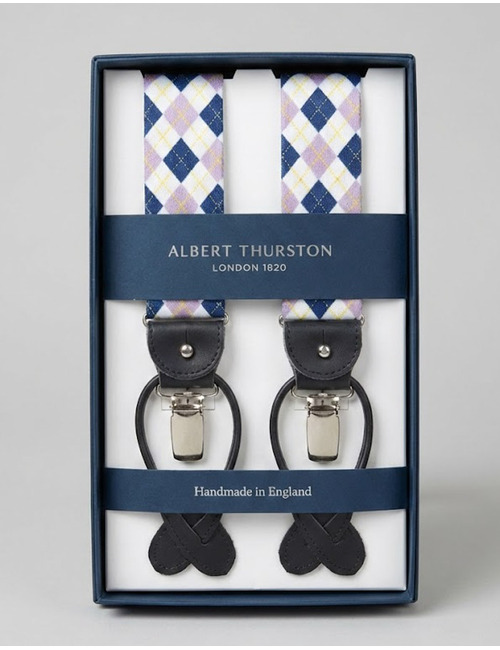 Bretellen ruitmotief blauw lila wit