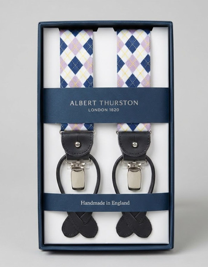 Bretellen ruitmotief blauw lila wit