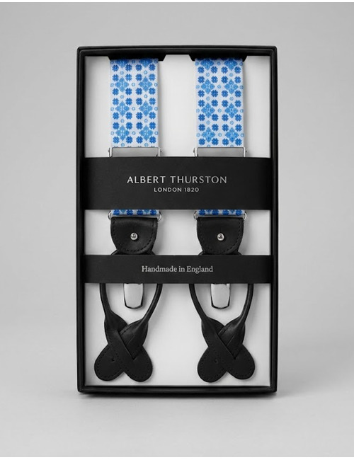 Bretellen bloemenmotief wit blauw met donkerblauw leder