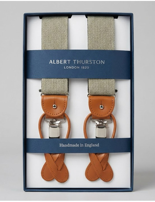 Bretellen visgraatmotief lichtgroen met cognac leder