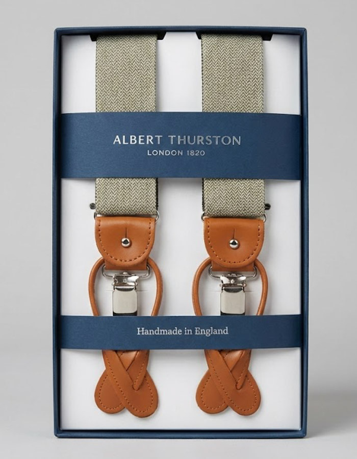 Bretellen visgraatmotief lichtgroen met cognac leder