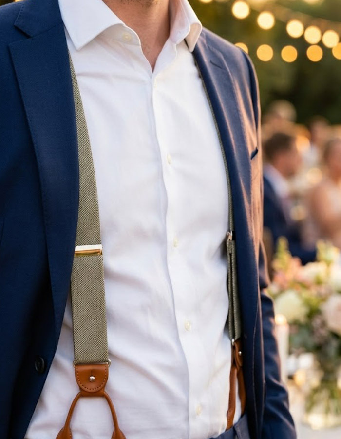 Bretellen visgraatmotief lichtgroen met cognac leder