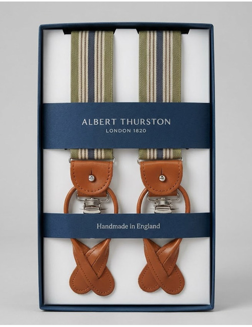 Bretellen gestreept lichtgroen blauw beige met cognac leder