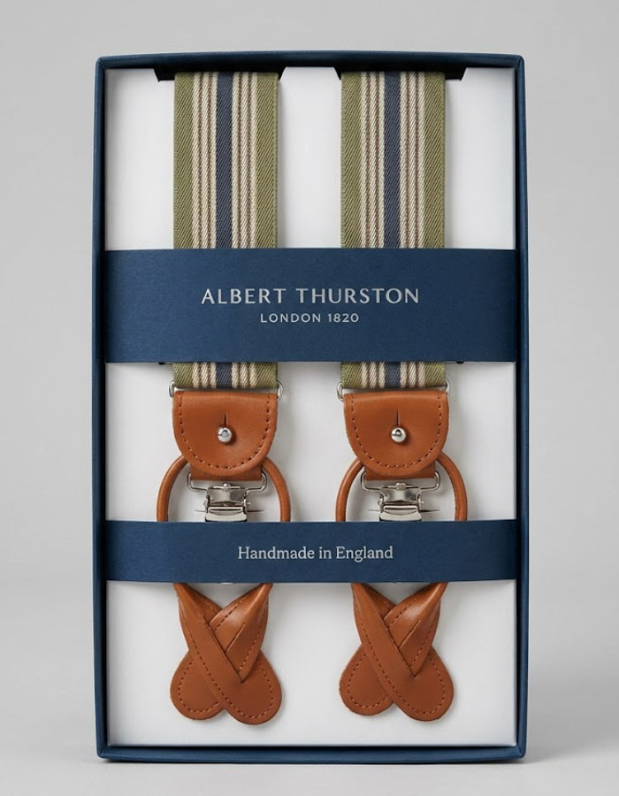 Bretellen gestreept lichtgroen blauw beige met cognac leder