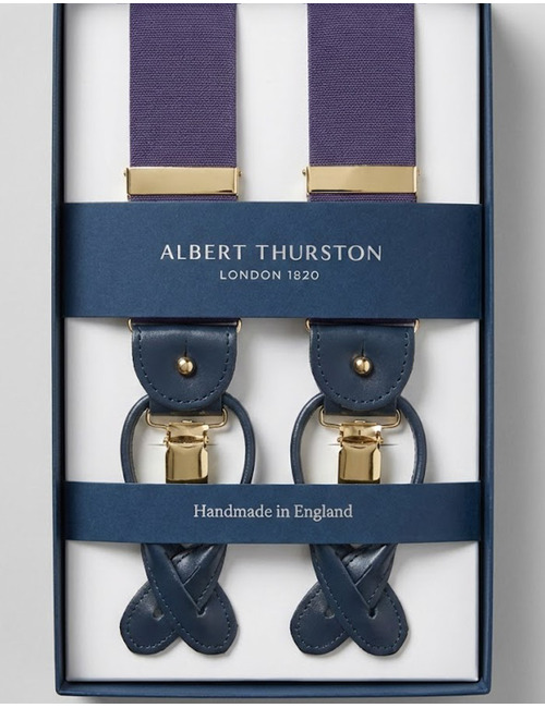 Bretellen effen paars met blauw leder en zilverkleurige clips