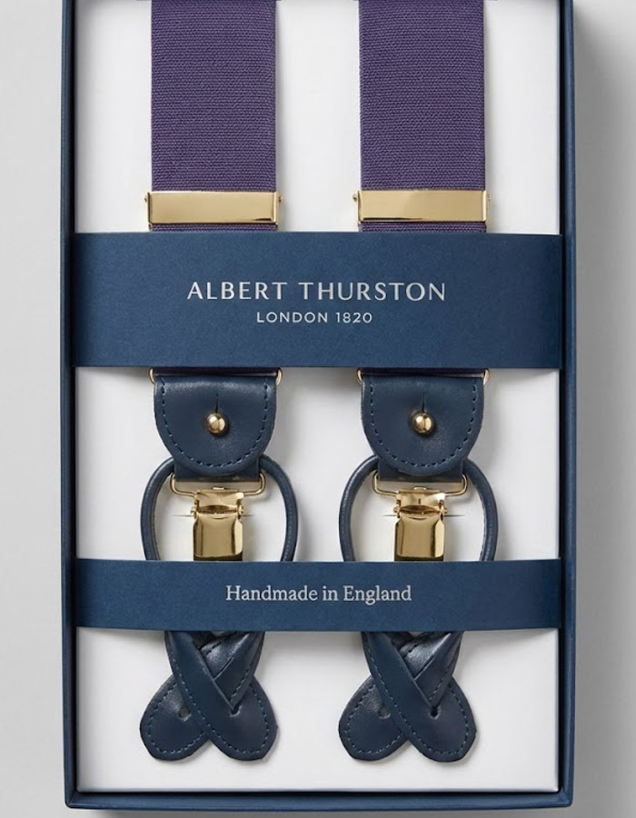 Bretellen effen paars met blauw leder en zilverkleurige clips