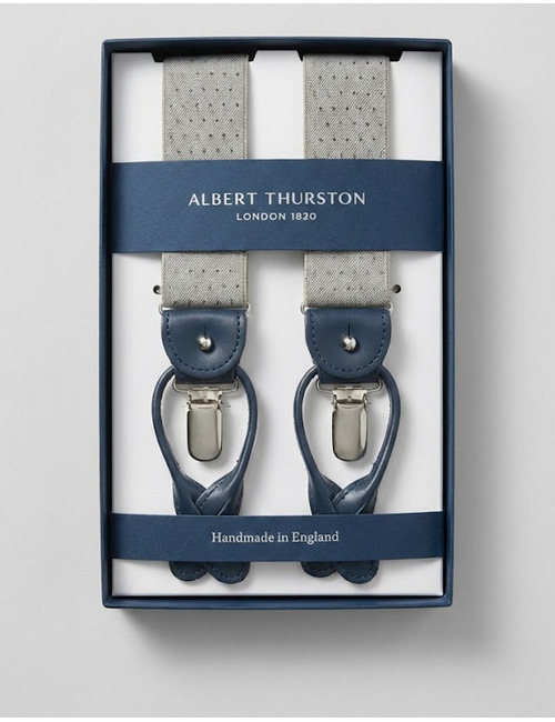 Bretellen microdessin lichtgrijs met blauw leder