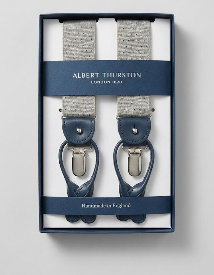 Bretellen microdessin lichtgrijs met blauw leder