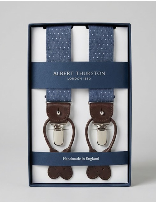 Bretellen microdessin blauw met donkerbruin leder