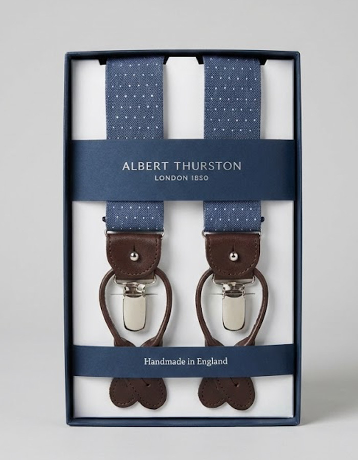 Bretellen microdessin blauw met donkerbruin leder