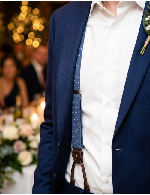 Bretellen microdessin blauw met donkerbruin leder