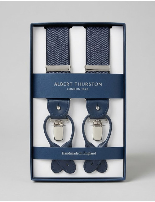 Bretellen visgraatmotief blauw met blauw leder