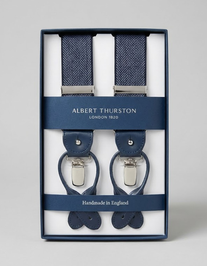 Bretellen visgraatmotief blauw met blauw leder