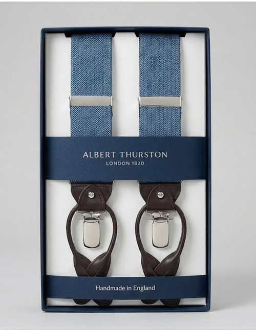 Bretellen visgraatmotief lichtblauw met donkerbruin leder