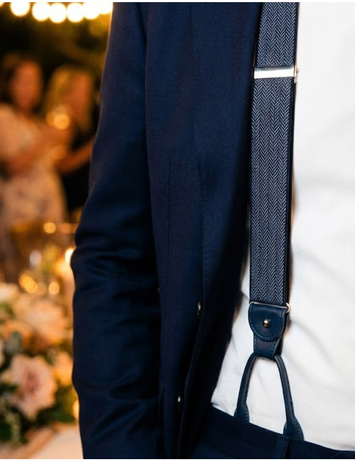 Bretellen visgraatmotief blauw met blauw leder