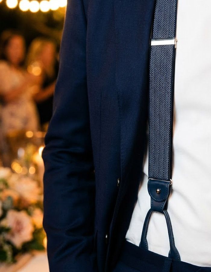 Bretellen visgraatmotief blauw met blauw leder