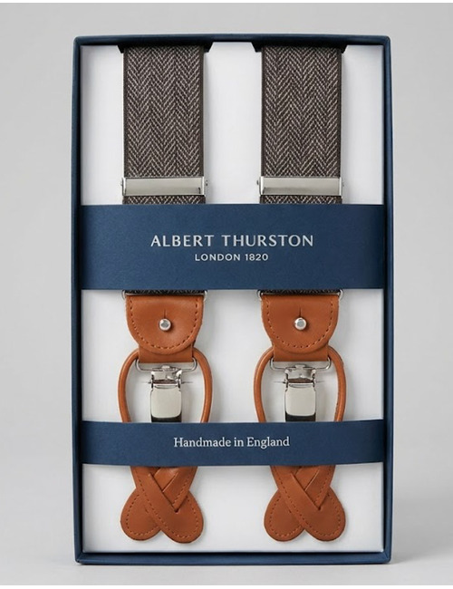 Bretellen visgraatmotief bruin met cognac leder