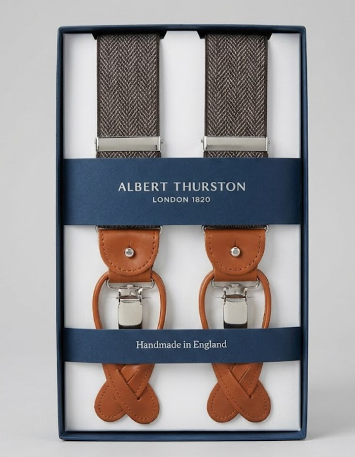 Bretellen visgraatmotief bruin met cognac leder