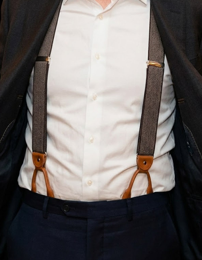 Bretellen visgraatmotief bruin met cognac leder