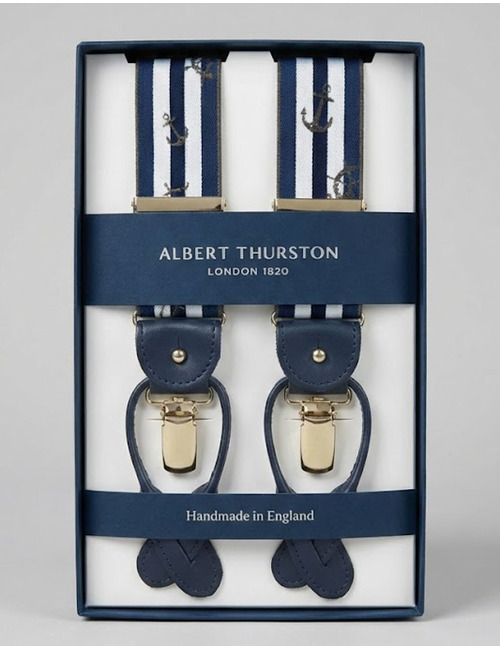 Bretellen gestreept blauw wit met ankerdessin en blauw leder