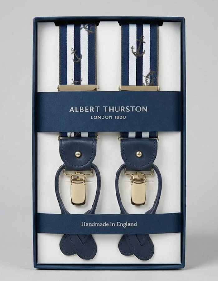 Bretellen gestreept blauw wit met ankerdessin en blauw leder