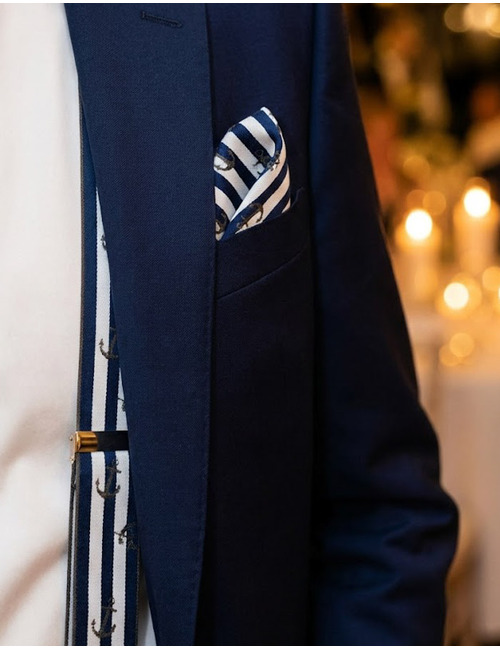 Bretellen gestreept blauw wit met ankerdessin en blauw leder