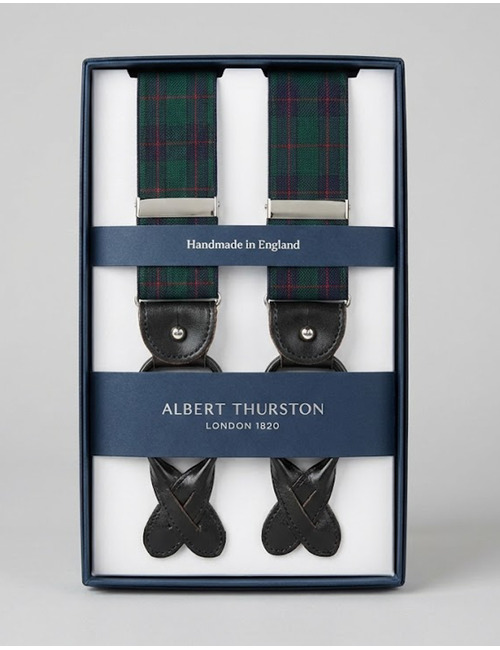 Bretellen tartan groen rood met donkerblauw leder