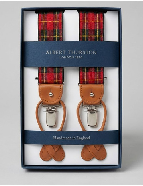 Bretellen tartan rood groen geel met cognac leder