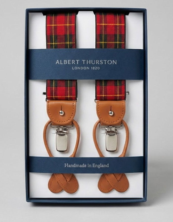 Bretellen tartan rood groen geel met cognac leder