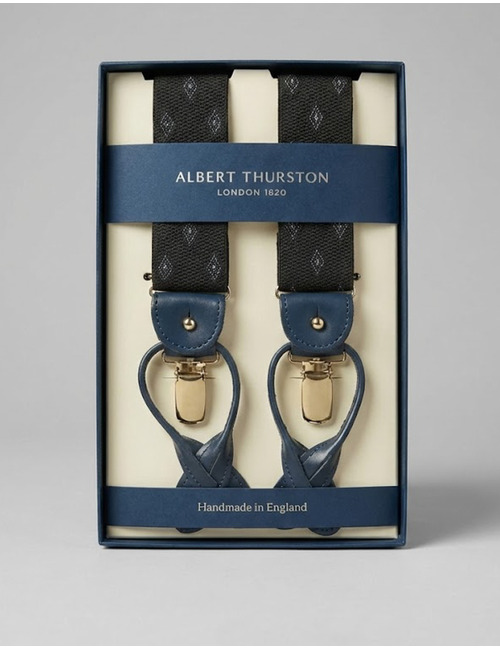 Bretellen microdessin antraciet met blauw leder