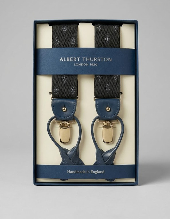 Bretellen microdessin antraciet met blauw leder