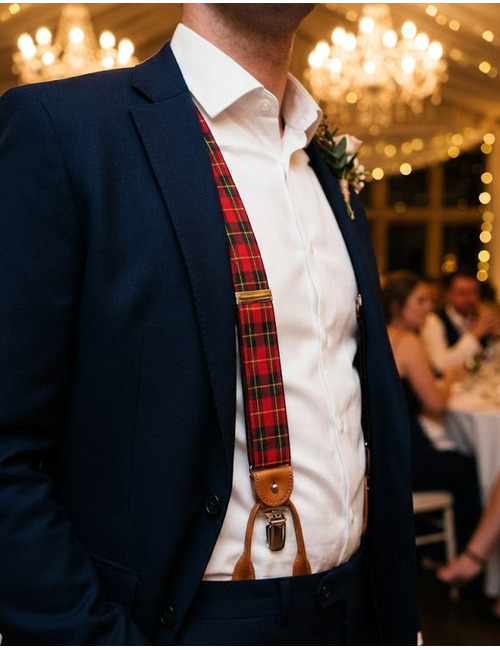 Bretellen tartan rood groen geel met cognac leder