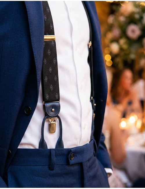 Bretellen microdessin antraciet met blauw leder