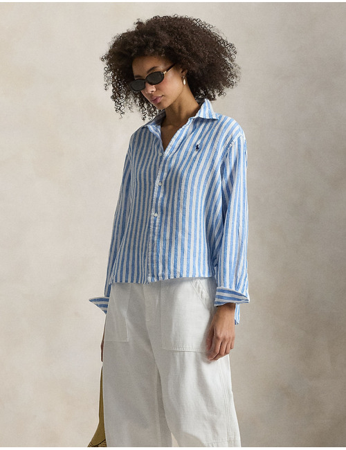 Brede cropped gestreepte linnen blouse in 1993 white blue multi