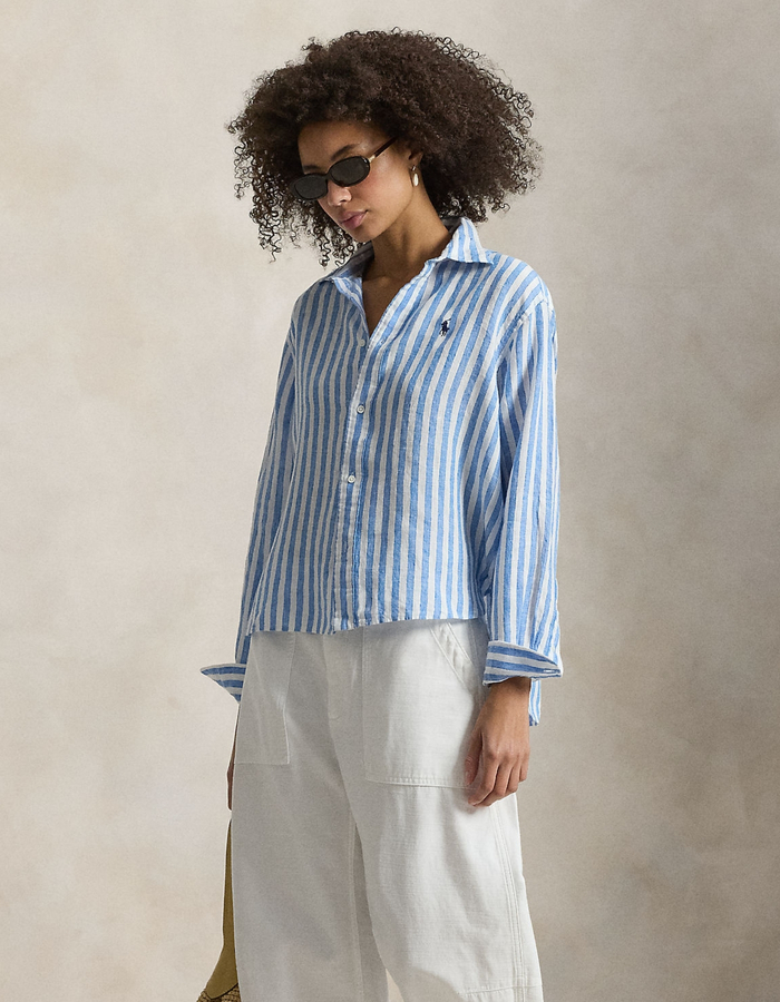 Brede cropped gestreepte linnen blouse in 1993 white blue multi