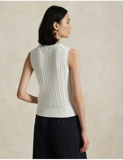 Kabelgebreide katoenen sweater vest met ronde hals in wit