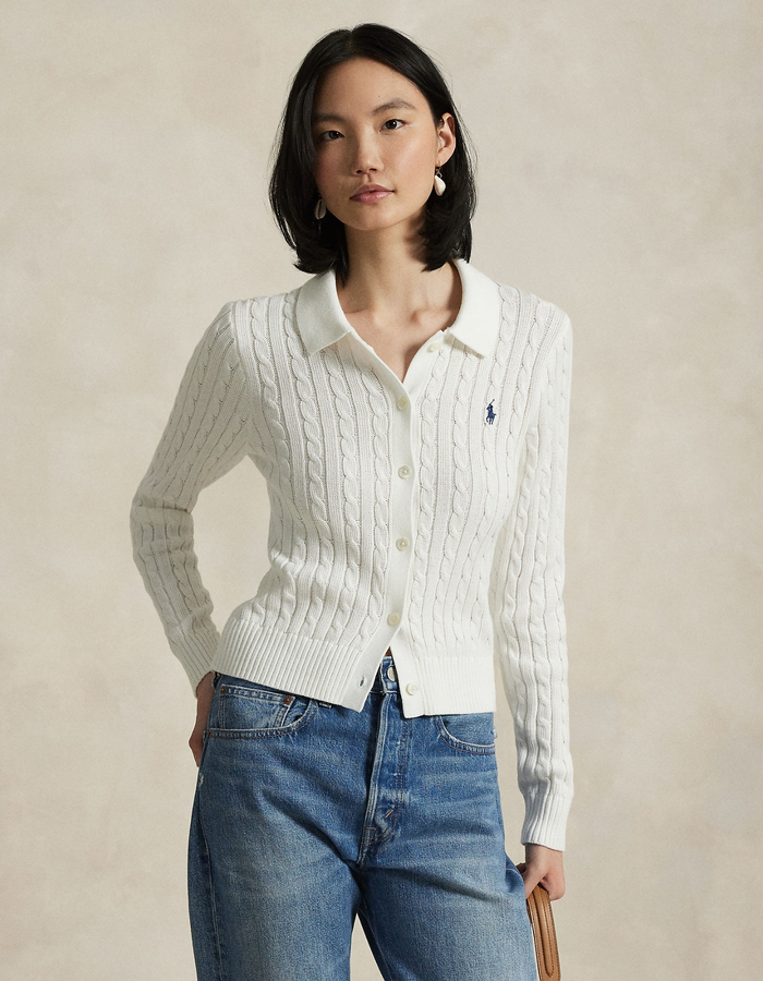 Kabelgebreide katoenen cardigan met kraag in wit