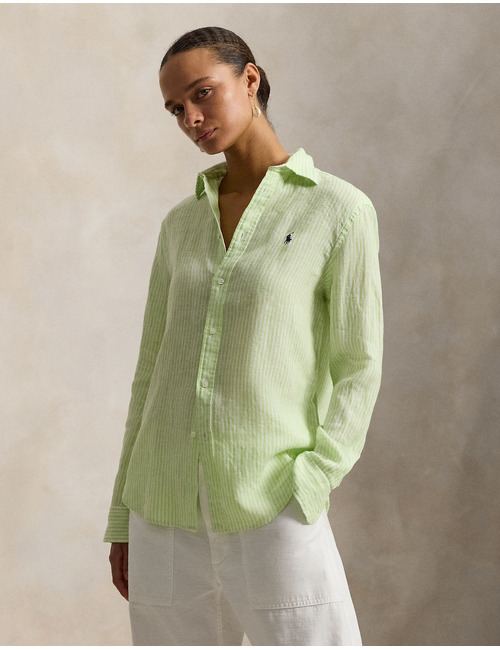 Classic fit gestreepte linnen blouse in 1936 electric lime white