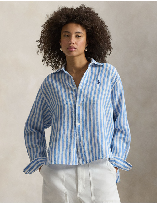 Brede cropped gestreepte linnen blouse in 1993 white blue multi