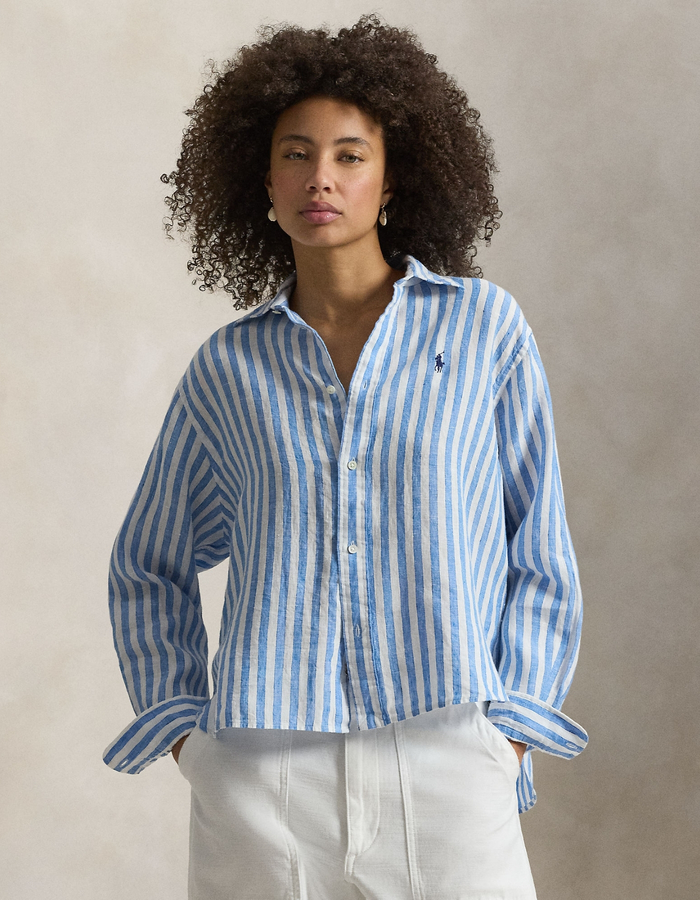 Brede cropped gestreepte linnen blouse in 1993 white blue multi